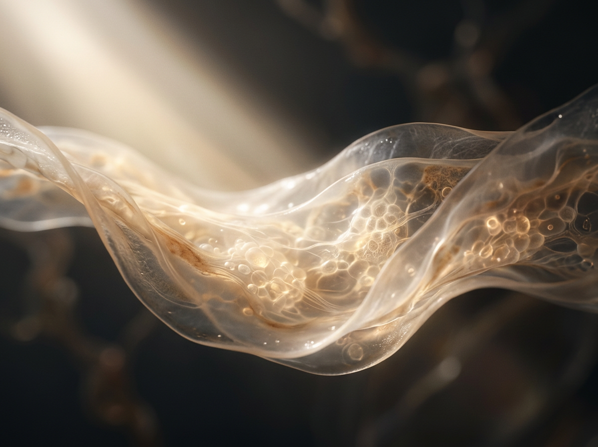 Close-up of a translucent, gel-like substance with bubbles on a dark background