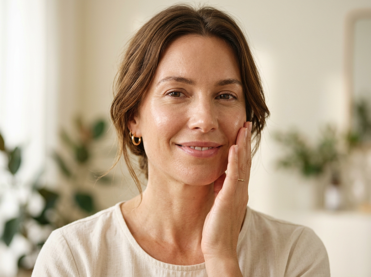 Woman with a soft smile, touching her face in a blurred indoor setting
