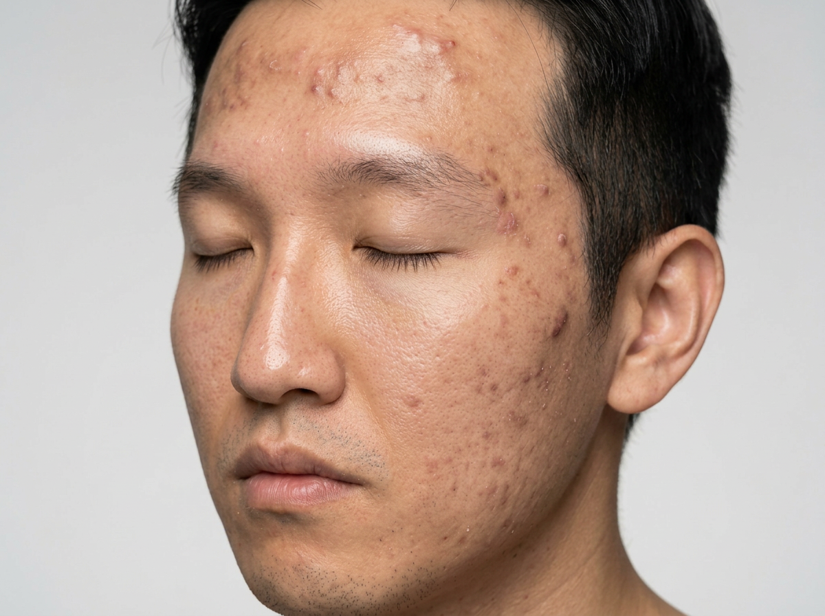 Close-up of a person with acne on their face against a neutral background