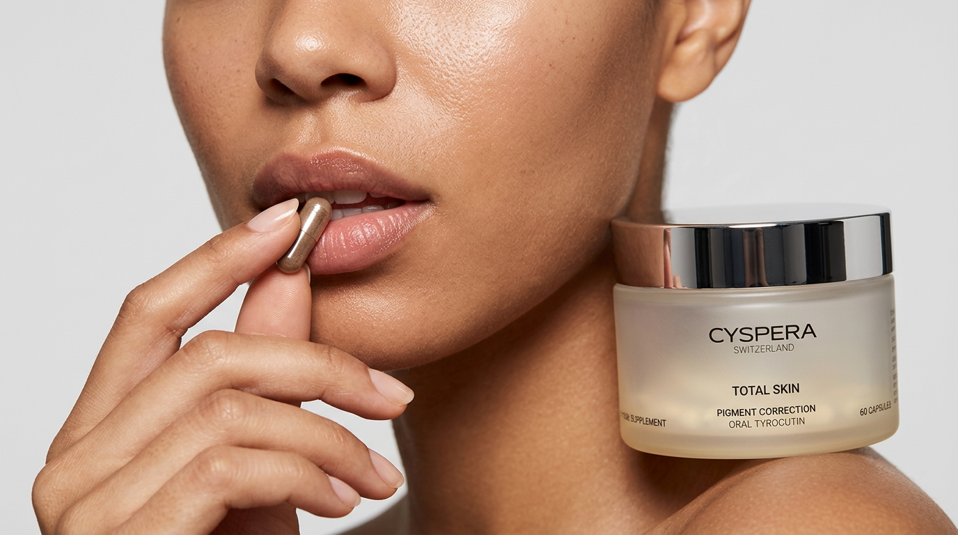 Woman applying lip balm with Cyspera Total Skin Corrector in the background