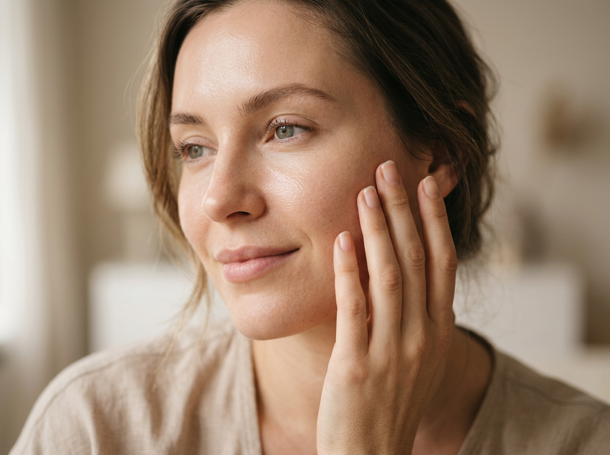 Woman touching her face with a blurred background